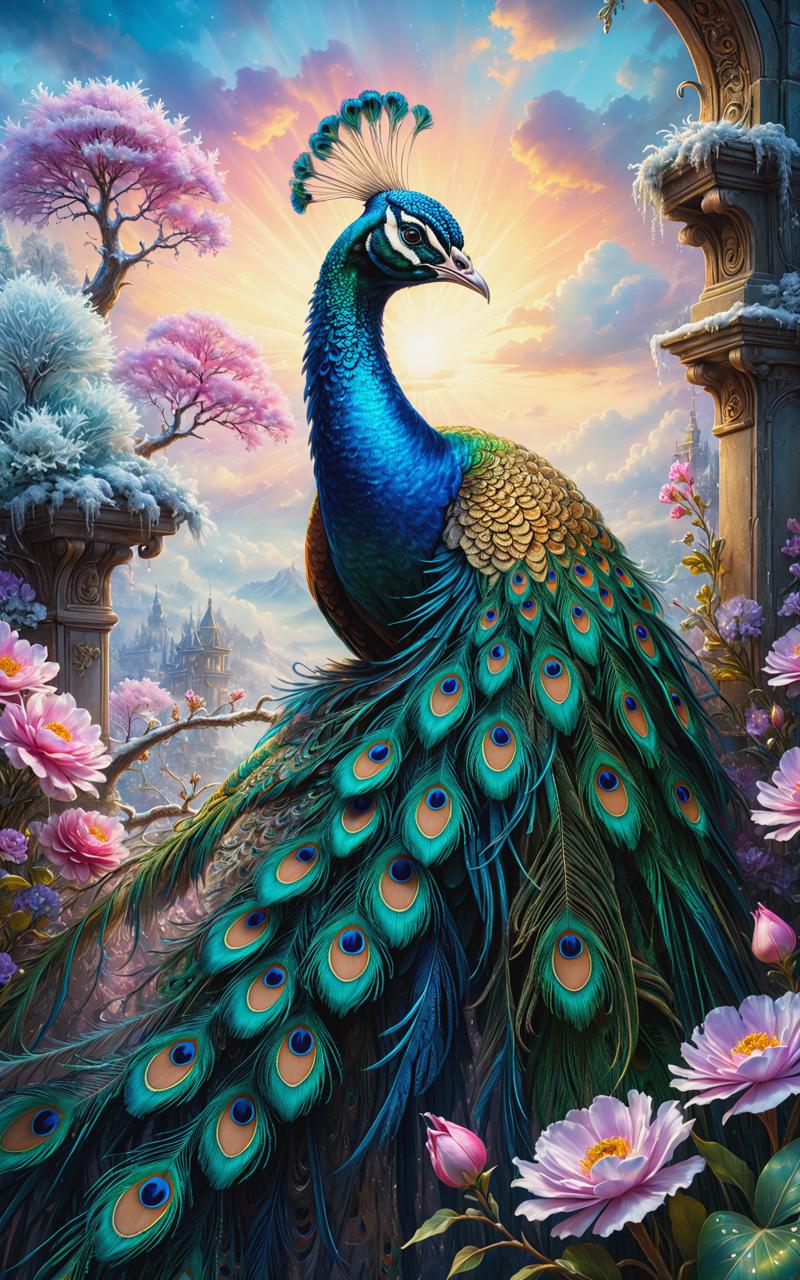 10406-2009001024-olpntng style, 3d, hyperdetailed and intricated fantasy peacock, hoarfrost plumage, hyperdetailed surreal background with flower.png